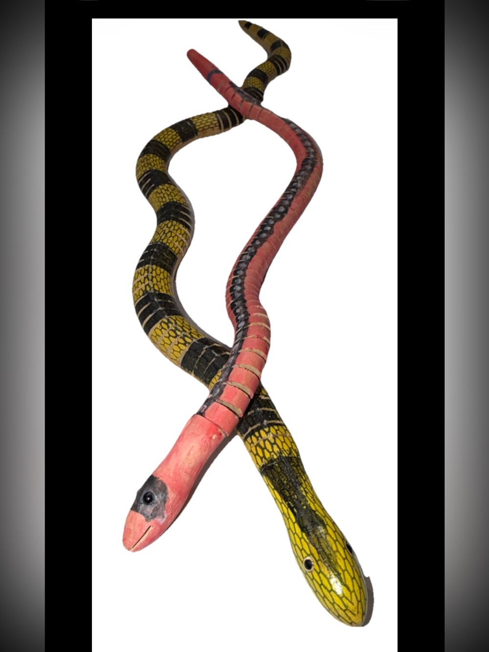 TWO Wooden Jointed Wiggle Snakes 28” Yellow Black and 19” Red Black, Greenbrier